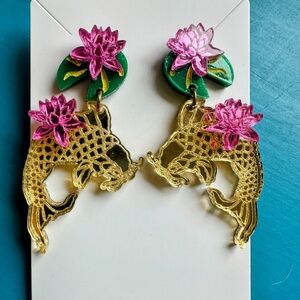 Gold Coy Fish and Pink Flower Earrings